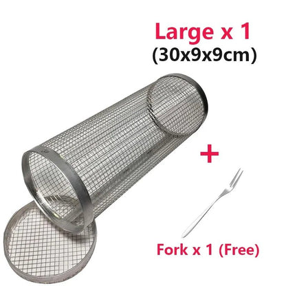 Rolling Grilling BBQ Basket Stainless Steel Leak proof Mesh Barbecue Rack Outdoor Picnic Camping Simple Cylindrical BBQ Grill - Smoothy Home