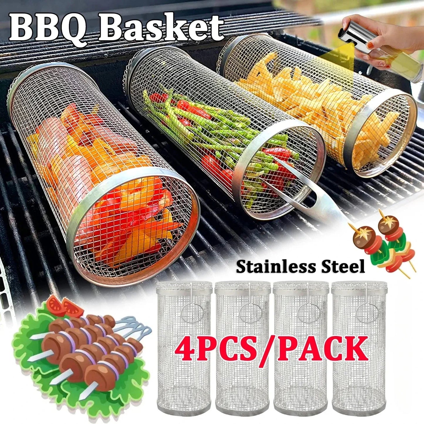 Rolling Grilling BBQ Basket Stainless Steel Leak proof Mesh Barbecue Rack Outdoor Picnic Camping Simple Cylindrical BBQ Grill - Smoothy Home