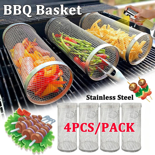 Rolling Grilling BBQ Basket Stainless Steel Leak proof Mesh Barbecue Rack Outdoor Picnic Camping Simple Cylindrical BBQ Grill - Smoothy Home