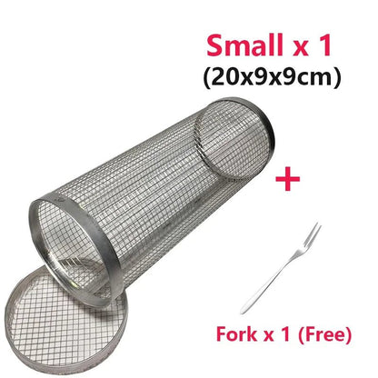 Rolling Grilling BBQ Basket Stainless Steel Leak proof Mesh Barbecue Rack Outdoor Picnic Camping Simple Cylindrical BBQ Grill - Smoothy Home