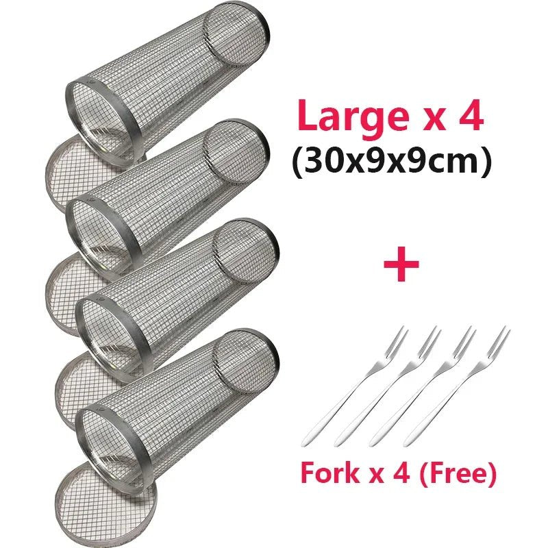 Rolling Grilling BBQ Basket Stainless Steel Leak proof Mesh Barbecue Rack Outdoor Picnic Camping Simple Cylindrical BBQ Grill - Smoothy Home