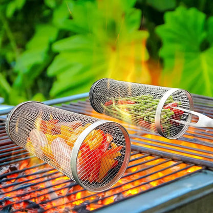 Rolling Grilling BBQ Basket Stainless Steel Leak proof Mesh Barbecue Rack Outdoor Picnic Camping Simple Cylindrical BBQ Grill - Smoothy Home