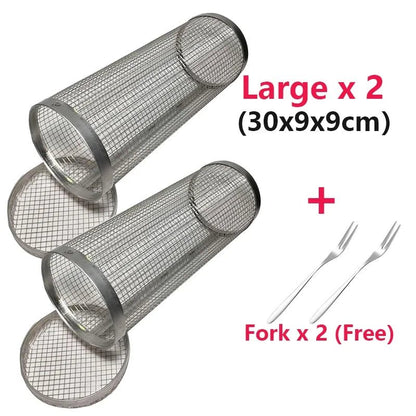 Rolling Grilling BBQ Basket Stainless Steel Leak proof Mesh Barbecue Rack Outdoor Picnic Camping Simple Cylindrical BBQ Grill - Smoothy Home