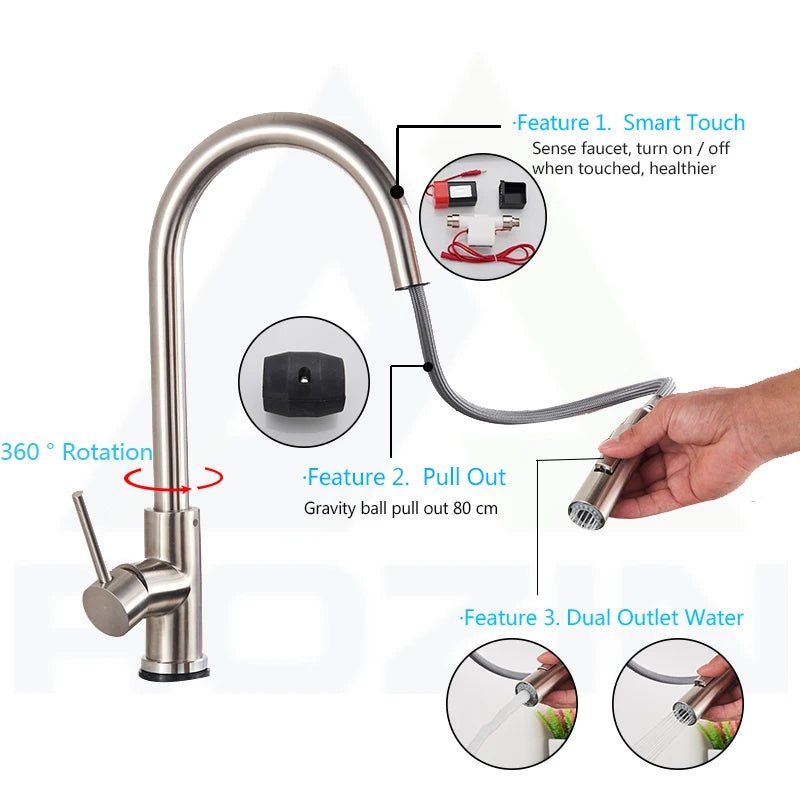 Rozin Smart Touch Kitchen Faucet Black Pull Out Sensor Faucets Black/Nickel 360 Rotation Crane 2 Outlet Water Mixer Taps - Smoothy Home