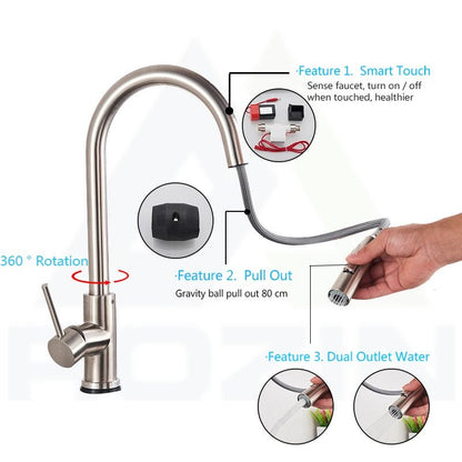 Rozin Smart Touch Kitchen Faucet Black Pull Out Sensor Faucets Black/Nickel 360 Rotation Crane 2 Outlet Water Mixer Taps - Smoothy Home