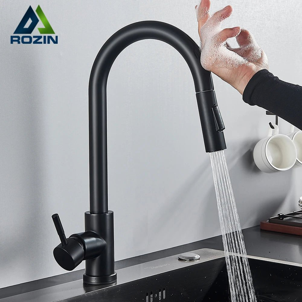 Rozin Smart Touch Kitchen Faucet Black Pull Out Sensor Faucets Black/Nickel 360 Rotation Crane 2 Outlet Water Mixer Taps - Smoothy Home