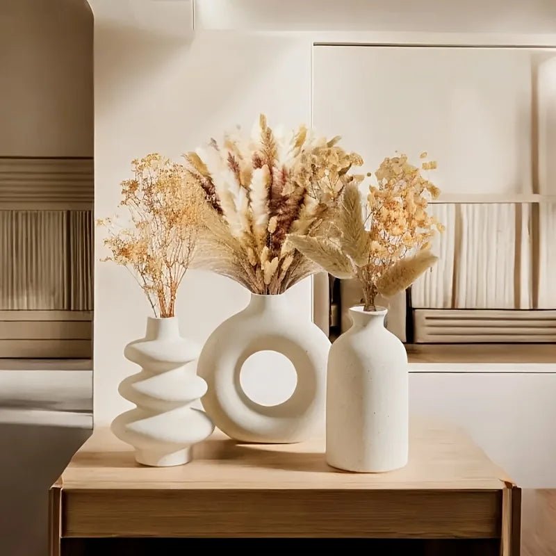 Set of 3 White Ceramic Bohemian Vase Set, Creative home decoration vase ornaments, Wedding home living room Bedroom decoration - Smoothy Home