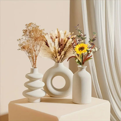 Set of 3 White Ceramic Bohemian Vase Set, Creative home decoration vase ornaments, Wedding home living room Bedroom decoration - Smoothy Home