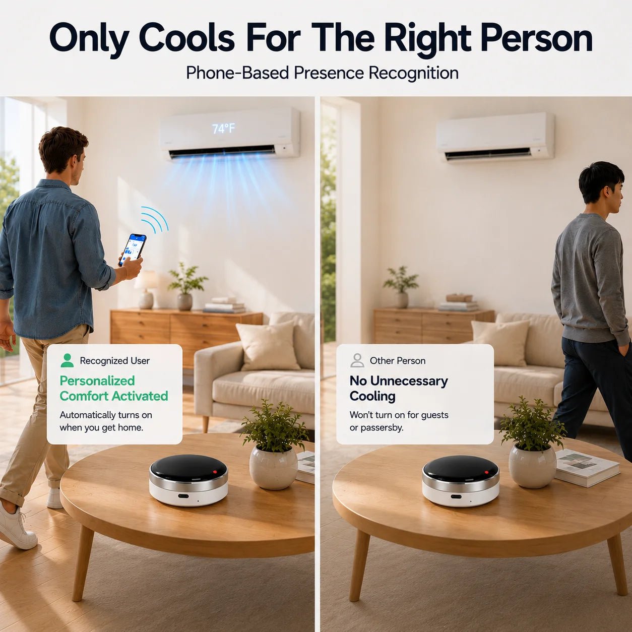 Smart AC Controller with Presence Detection & Offline Voice Control, App-Controlled Air Conditioner Remote, Phone-Based Identity - Smoothy Home