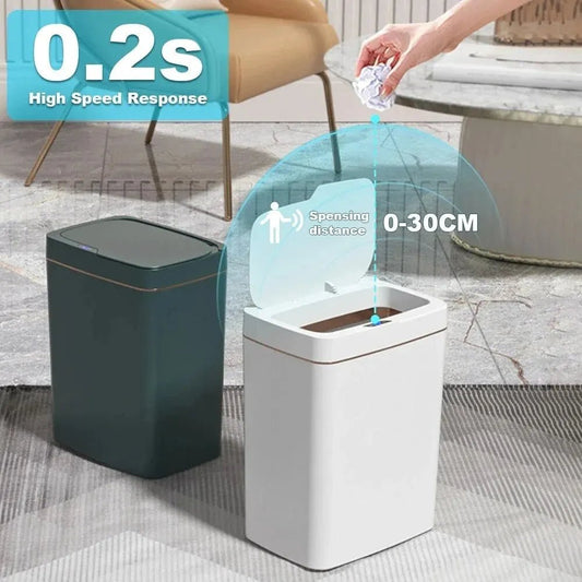 Smart Bathroom Trash Can Automatic Bagging Electronic Trash Can White Touchless Narrow Smart Sensor Garbage Bin Smart Home 15L - Smoothy Home