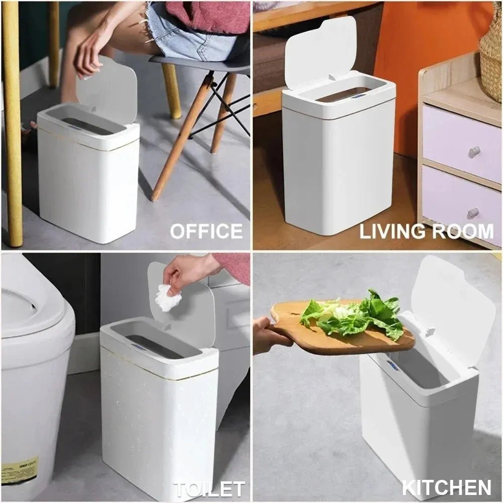 Smart Bathroom Trash Can Automatic Bagging Electronic Trash Can White Touchless Narrow Smart Sensor Garbage Bin Smart Home 15L - Smoothy Home