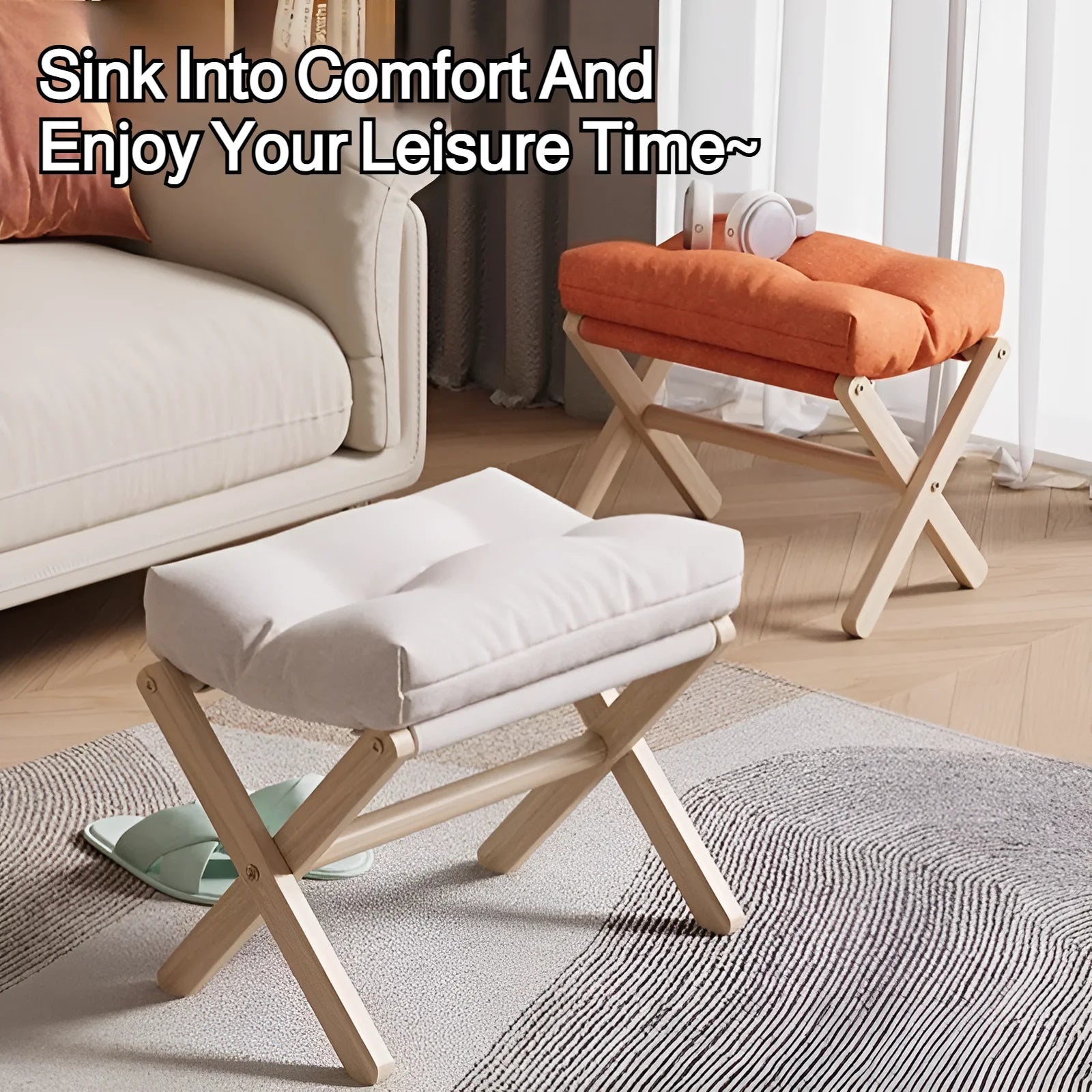 Solid Wood Shoe Changing Stool Footstool Sofa Rest Footstool, Folding Low Stool for The Entryway, Cotton-filled Cushion Stool - Smoothy Home