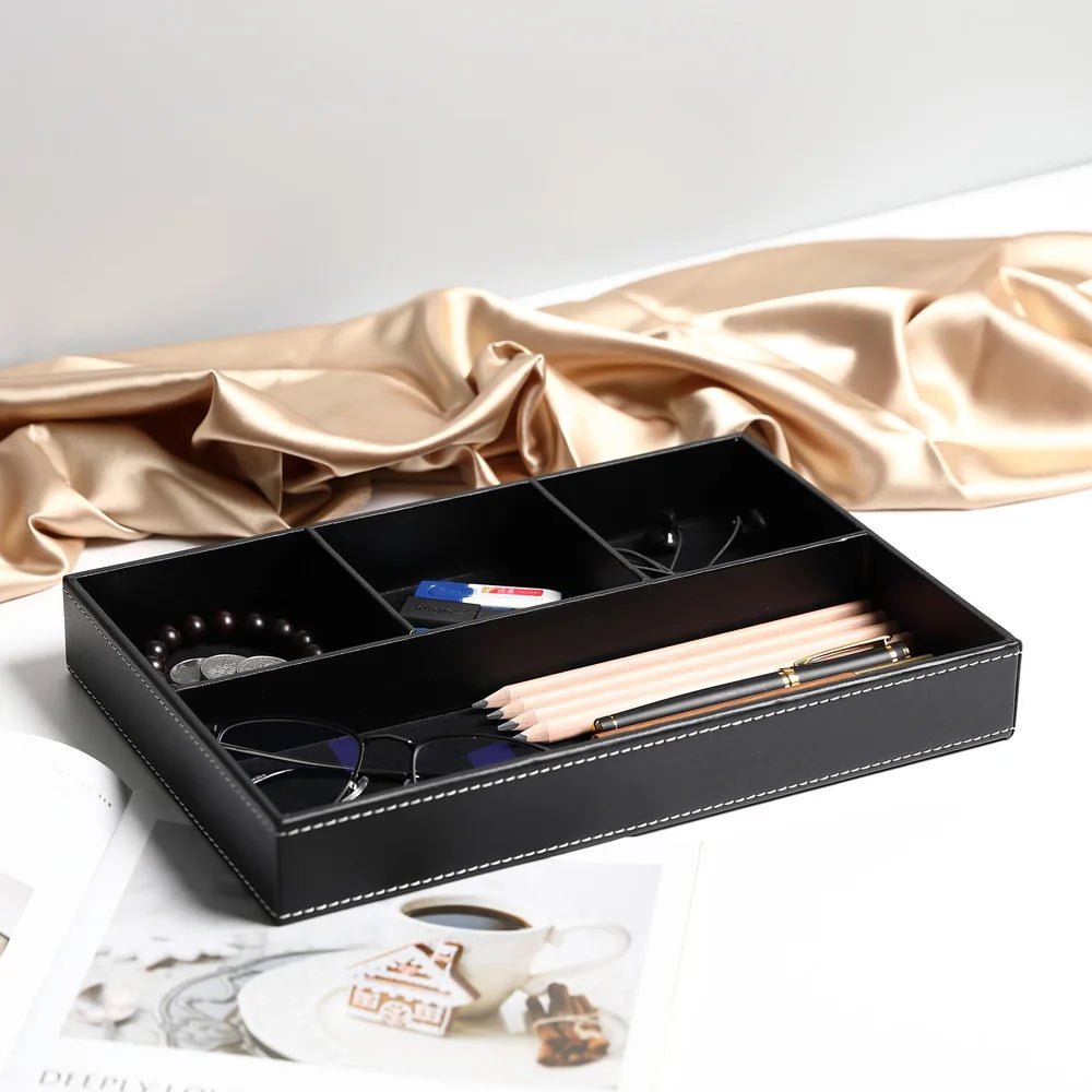 Storage Tray With 5 Compartments Durable Faux Leather Nightstand Organizer Tabletop Tray For Keys Pocket Glasses Stationery - Smoothy Home