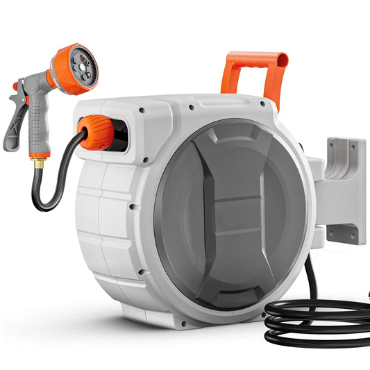 SucceBuy Retractable Garden Hose Reel Wall Mounted Hose Reel Heavy Duty Garden Hose Reel with 9Pattern Nozzle 180°Swivel Bracket - Smoothy Home