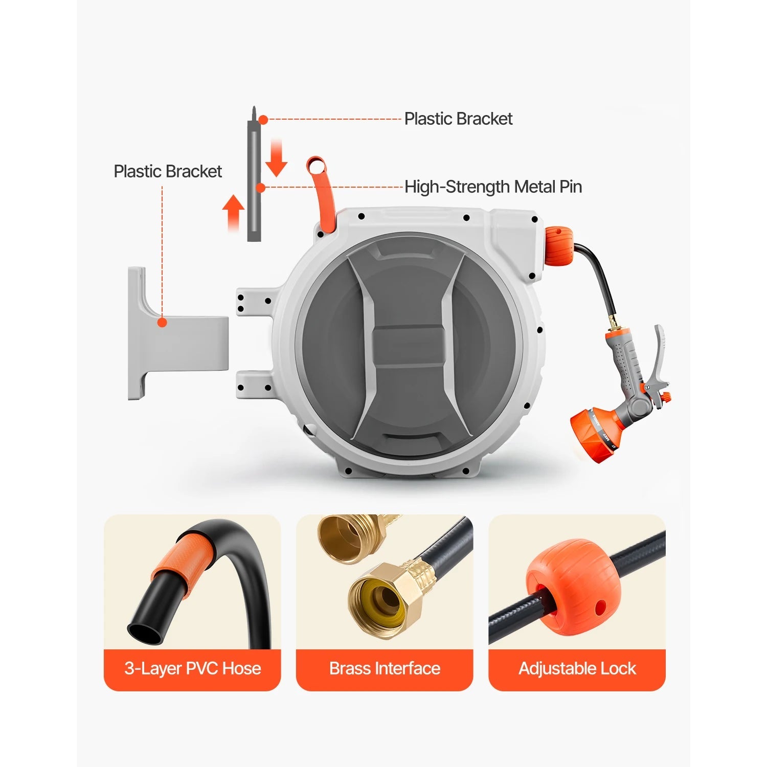 SucceBuy Retractable Garden Hose Reel Wall Mounted Hose Reel Heavy Duty Garden Hose Reel with 9Pattern Nozzle 180°Swivel Bracket - Smoothy Home