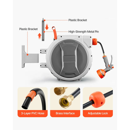 SucceBuy Retractable Garden Hose Reel Wall Mounted Hose Reel Heavy Duty Garden Hose Reel with 9Pattern Nozzle 180°Swivel Bracket - Smoothy Home