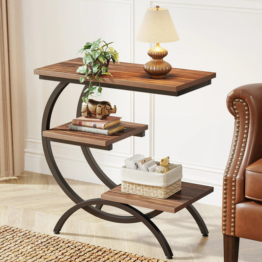 Tribesigns C-Shaped End Table, Industrial 3-Tier Small Table for Couch, Wood Bedside Table Snack Table with Storage Shelves - Smoothy Home