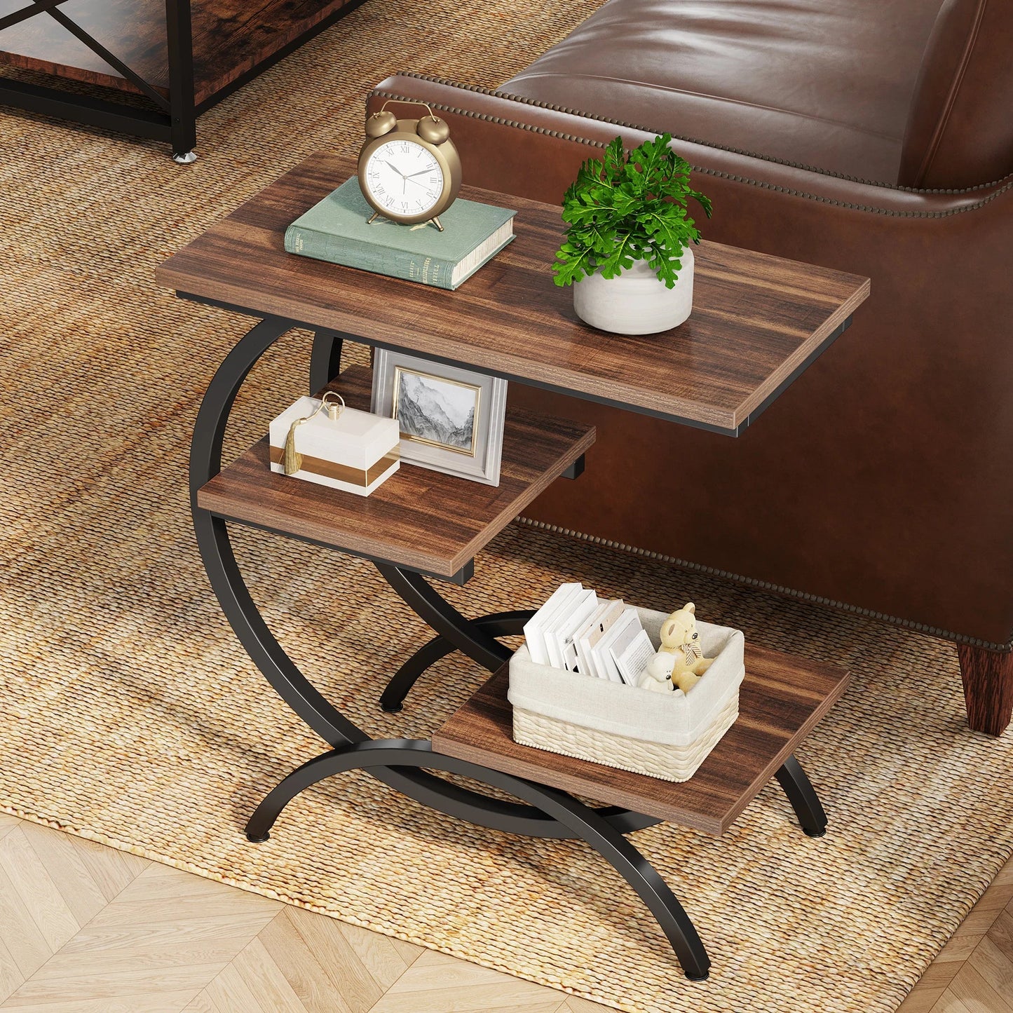 Tribesigns C-Shaped End Table, Industrial 3-Tier Small Table for Couch, Wood Bedside Table Snack Table with Storage Shelves - Smoothy Home