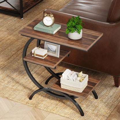 Tribesigns C-Shaped End Table, Industrial 3-Tier Small Table for Couch, Wood Bedside Table Snack Table with Storage Shelves - Smoothy Home