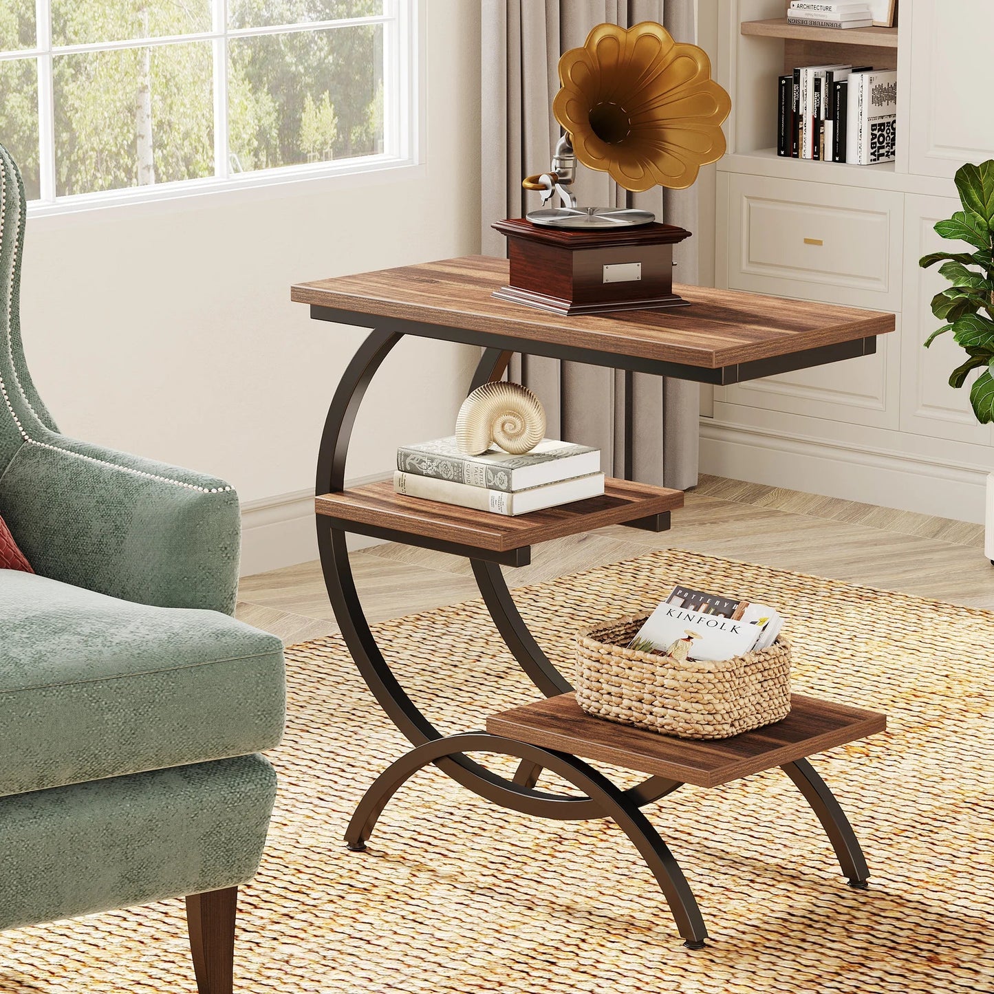Tribesigns C-Shaped End Table, Industrial 3-Tier Small Table for Couch, Wood Bedside Table Snack Table with Storage Shelves - Smoothy Home