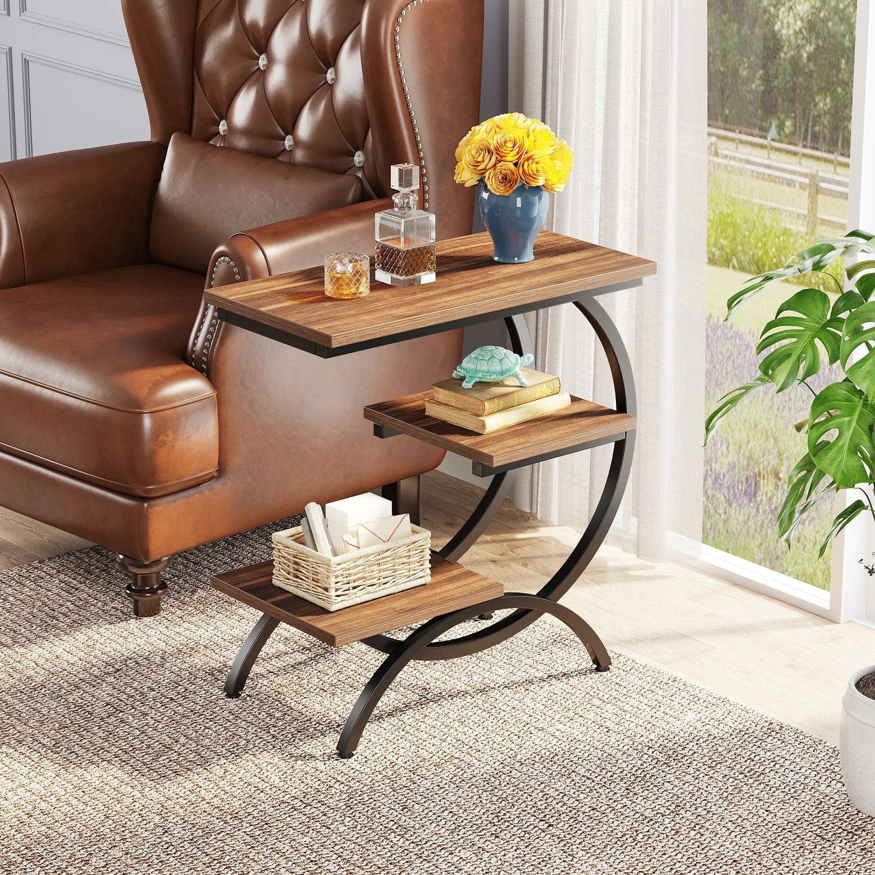 Tribesigns C-Shaped End Table, Industrial 3-Tier Small Table for Couch, Wood Bedside Table Snack Table with Storage Shelves - Smoothy Home