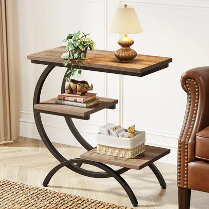 Tribesigns C-Shaped End Table, Industrial 3-Tier Small Table for Couch, Wood Bedside Table Snack Table with Storage Shelves - Smoothy Home