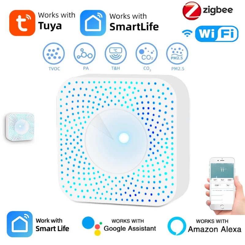 Tuya ZigBee/WiFi Air Quality Detector PM2.5 Formaldehyde VOC CO2 Temperature Humidity 6in1 Smart Air Box Sensor Via Alexa Google - Smoothy Home