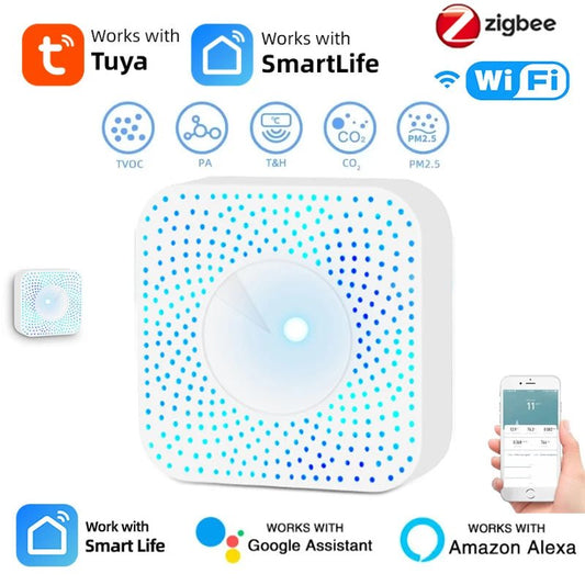 Tuya ZigBee/WiFi Air Quality Detector PM2.5 Formaldehyde VOC CO2 Temperature Humidity 6in1 Smart Air Box Sensor Via Alexa Google - Smoothy Home