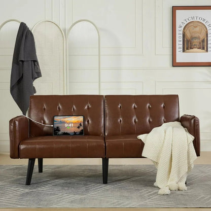 TYBOATLE 65" Brown Faux Leather Futon Sofa Bed Convertible Sleeper Loveseat 2 USB Ports Tufted Adjustable Folding Couch Space - Smoothy Home