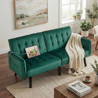 TYBOATLE 65" Brown Faux Leather Futon Sofa Bed Convertible Sleeper Loveseat 2 USB Ports Tufted Adjustable Folding Couch Space - Smoothy Home