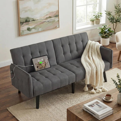 TYBOATLE 65" Brown Faux Leather Futon Sofa Bed Convertible Sleeper Loveseat 2 USB Ports Tufted Adjustable Folding Couch Space - Smoothy Home