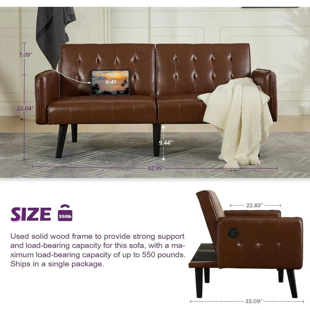 TYBOATLE 65" Brown Faux Leather Futon Sofa Bed Convertible Sleeper Loveseat 2 USB Ports Tufted Adjustable Folding Couch Space - Smoothy Home