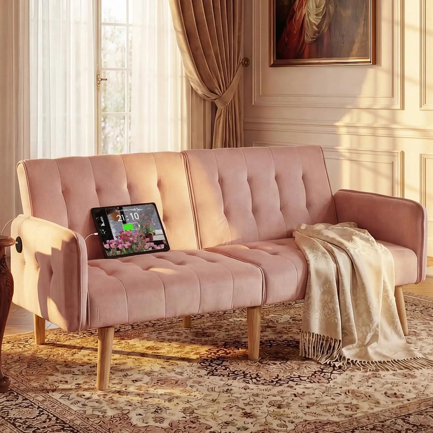 TYBOATLE 65" Brown Faux Leather Futon Sofa Bed Convertible Sleeper Loveseat 2 USB Ports Tufted Adjustable Folding Couch Space - Smoothy Home