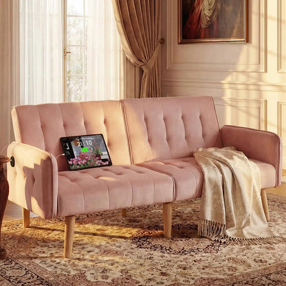 TYBOATLE 65" Brown Faux Leather Futon Sofa Bed Convertible Sleeper Loveseat 2 USB Ports Tufted Adjustable Folding Couch Space - Smoothy Home
