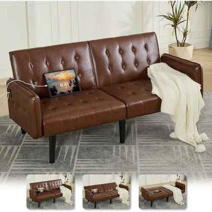 TYBOATLE 65" Brown Faux Leather Futon Sofa Bed Convertible Sleeper Loveseat 2 USB Ports Tufted Adjustable Folding Couch Space - Smoothy Home