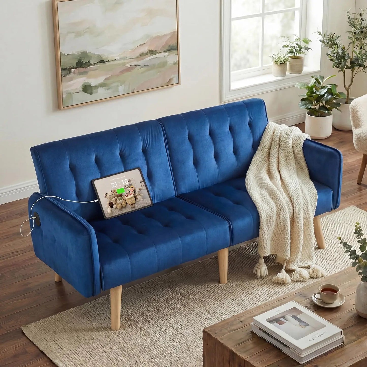 TYBOATLE 65" Brown Faux Leather Futon Sofa Bed Convertible Sleeper Loveseat 2 USB Ports Tufted Adjustable Folding Couch Space - Smoothy Home