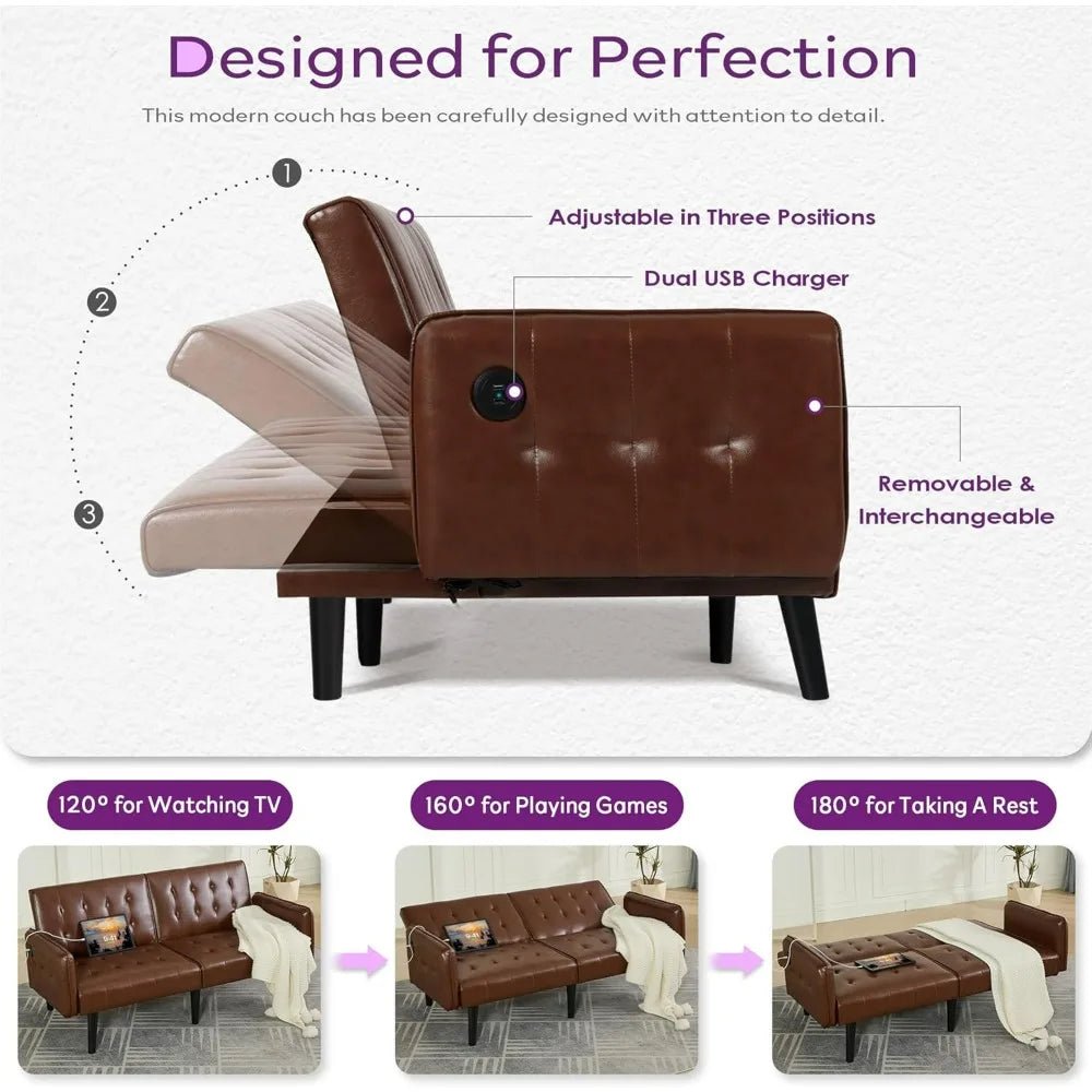 TYBOATLE 65" Brown Faux Leather Futon Sofa Bed Convertible Sleeper Loveseat 2 USB Ports Tufted Adjustable Folding Couch Space - Smoothy Home