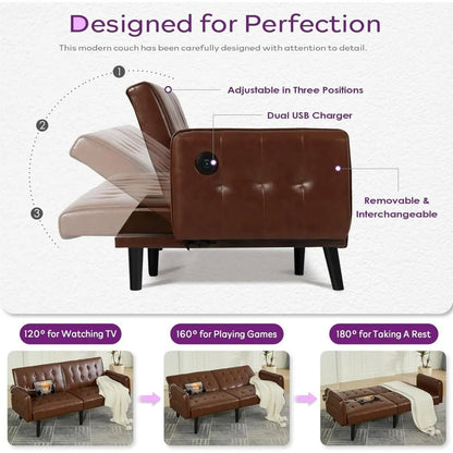TYBOATLE 65" Brown Faux Leather Futon Sofa Bed Convertible Sleeper Loveseat 2 USB Ports Tufted Adjustable Folding Couch Space - Smoothy Home