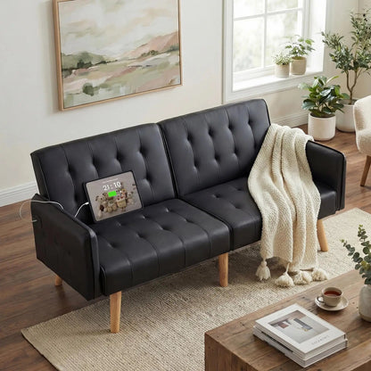 TYBOATLE 65" Brown Faux Leather Futon Sofa Bed Convertible Sleeper Loveseat 2 USB Ports Tufted Adjustable Folding Couch Space - Smoothy Home