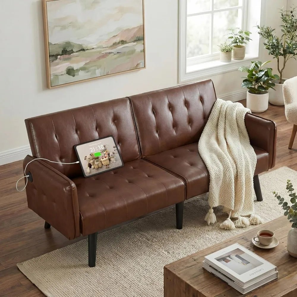 TYBOATLE 65" Brown Faux Leather Futon Sofa Bed Convertible Sleeper Loveseat 2 USB Ports Tufted Adjustable Folding Couch Space - Smoothy Home
