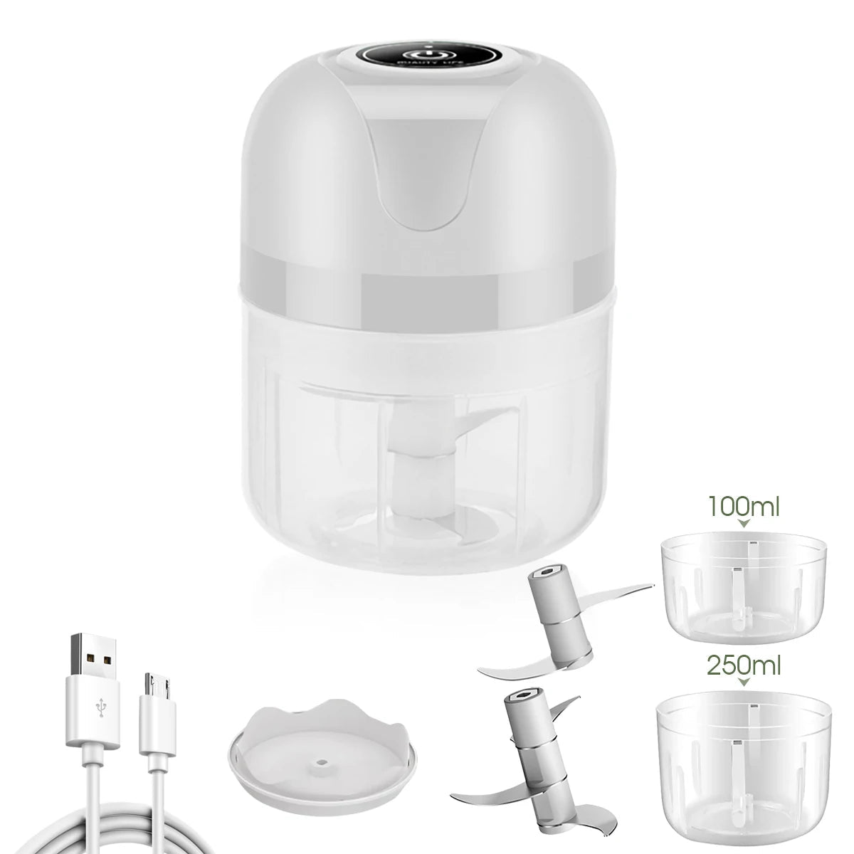 USB Charging Meat Grinder 1200mAh Vegetable Chopper 250ml Three-Blade Head & 100ml Two-Blade Head Electric Mini Garlic - Smoothy Home