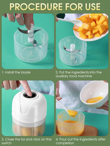 USB Charging Meat Grinder 1200mAh Vegetable Chopper 250ml Three-Blade Head & 100ml Two-Blade Head Electric Mini Garlic - Smoothy Home
