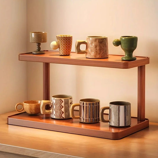 Versatile 2-Tier Wooden Storage Rack for Kitchen & Tea Room - Countertop Organizer with Decorative Handles, Ideal for Spices - Smoothy Home