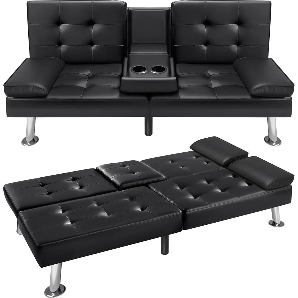 VICTONE Futon Sofa Bed Modern Faux Leather Couch Bed Convertible Folding Recliner for Living Room with 2 Cup Holders and Armrest - Smoothy Home