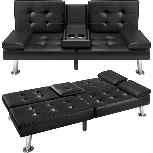 VICTONE Futon Sofa Bed Modern Faux Leather Couch Bed Convertible Folding Recliner for Living Room with 2 Cup Holders and Armrest - Smoothy Home
