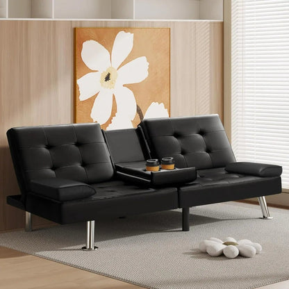 VICTONE Futon Sofa Bed Modern Faux Leather Couch Bed Convertible Folding Recliner for Living Room with 2 Cup Holders and Armrest - Smoothy Home