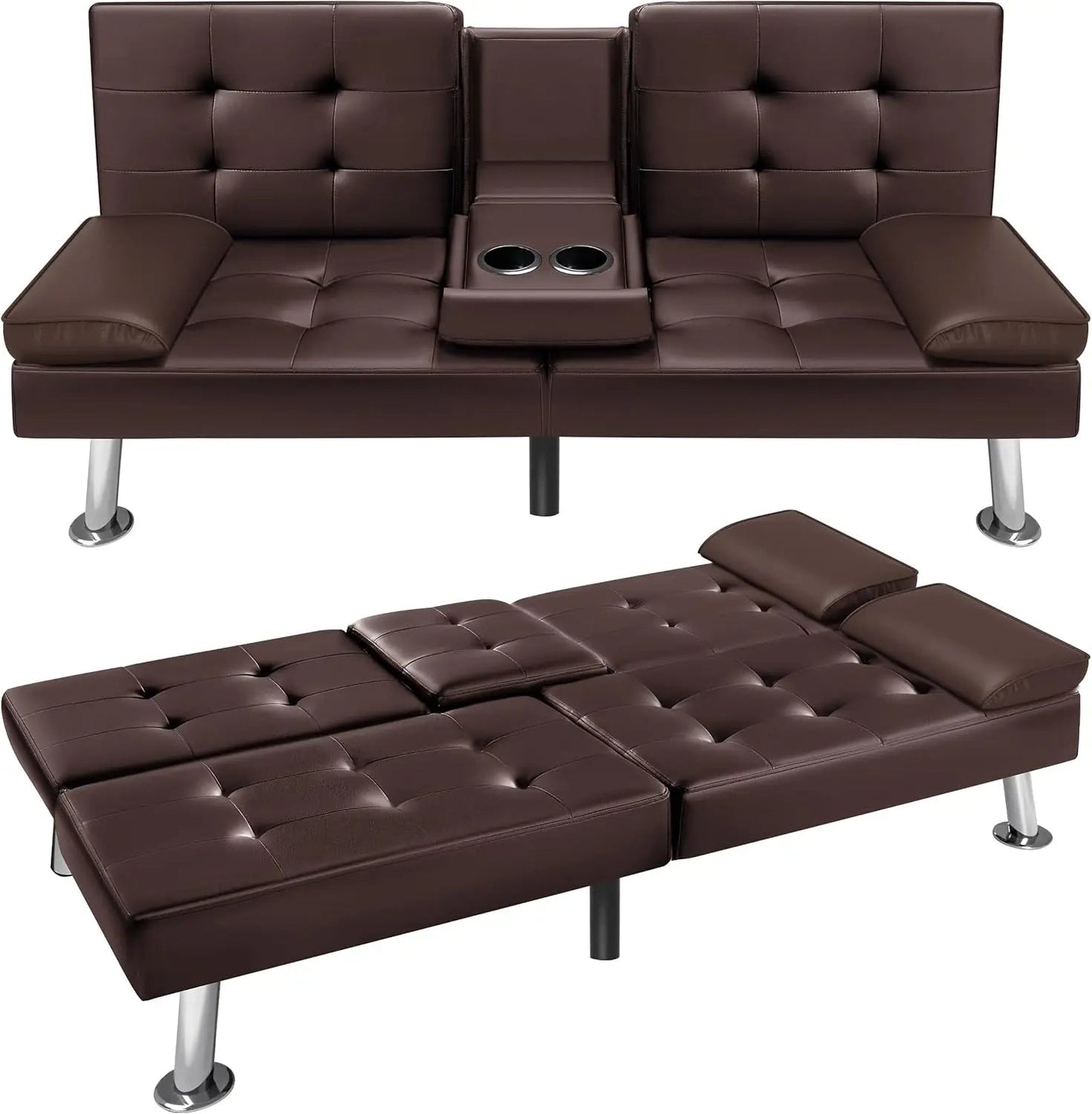 VICTONE Futon Sofa Bed Modern Faux Leather Couch Bed Convertible Folding Recliner for Living Room with 2 Cup Holders and Armrest - Smoothy Home