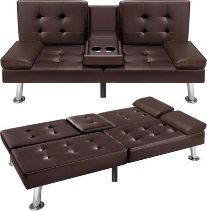 VICTONE Futon Sofa Bed Modern Faux Leather Couch Bed Convertible Folding Recliner for Living Room with 2 Cup Holders and Armrest - Smoothy Home