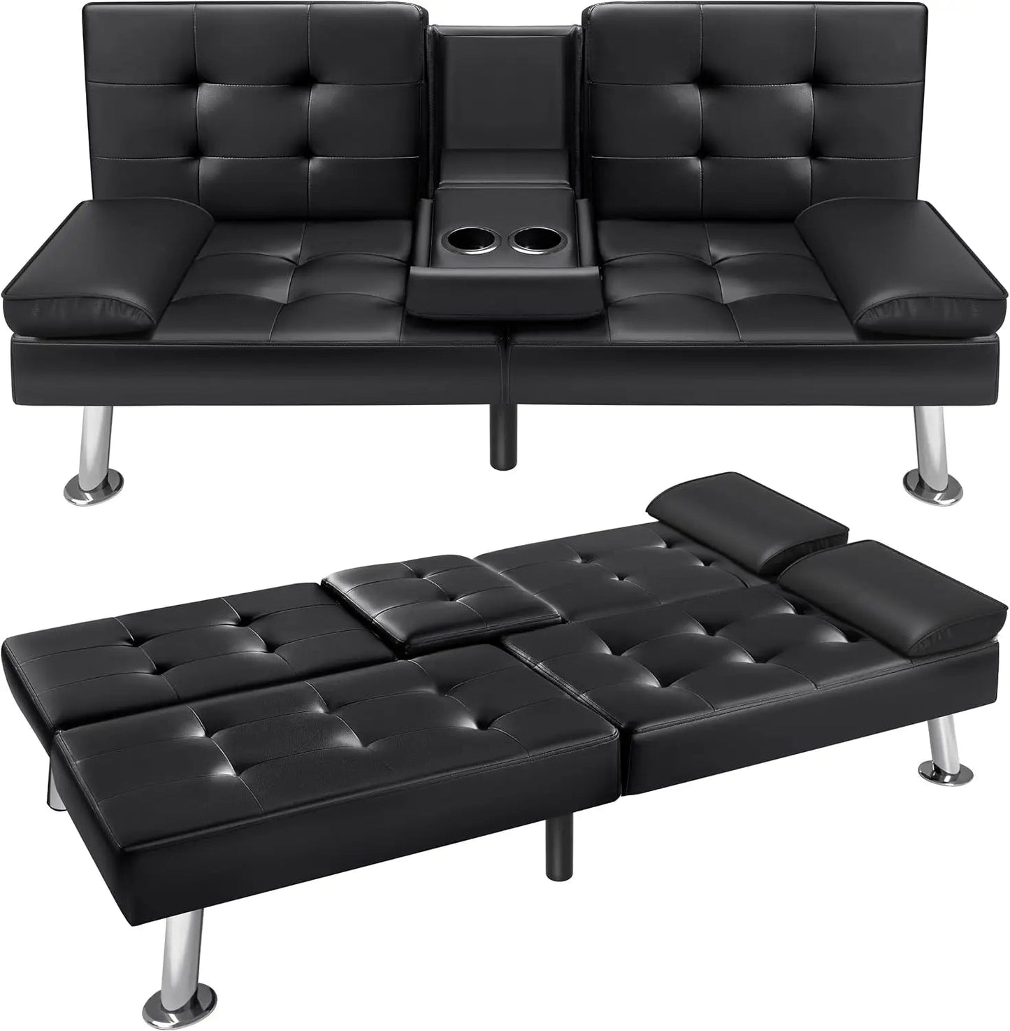 VICTONE Futon Sofa Bed Modern Faux Leather Couch Bed Convertible Folding Recliner for Living Room with 2 Cup Holders and Armrest - Smoothy Home