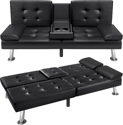 VICTONE Futon Sofa Bed Modern Faux Leather Couch Bed Convertible Folding Recliner for Living Room with 2 Cup Holders and Armrest - Smoothy Home